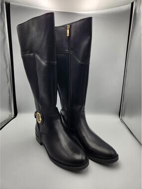 Tommy Hilfiger Women's Black Leather Gold Logo Medallion Riding Boots Sz 8M - M3